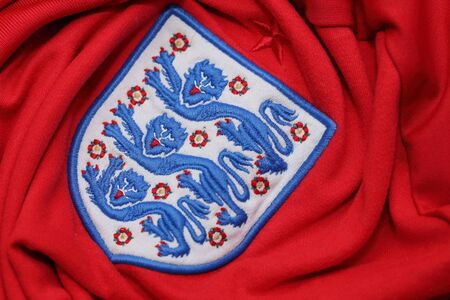 BANGKOK, THAILAND - AUGUST 30, 2015: The Three Lions Logo from England National Football official jersey on August 30,2015 in Bangkok Thailand. England won the World Cup in 1966のeditorial素材