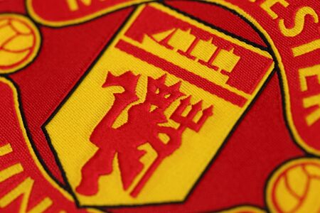 BANGKOK, THAILAND -OCTOBER 6, 2015:: the logo of the Manchester United football club on an official...