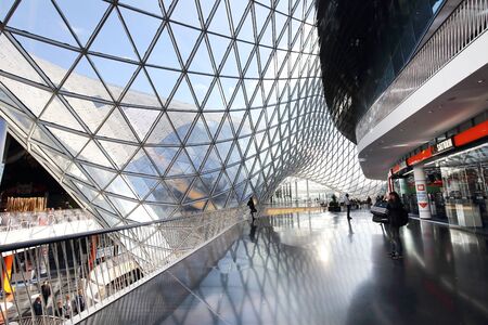 FRANKFURT AM MAIN, GERMANY - OCTOBER 23, 2015: Interior Designed of MyZeil Shopping Center on October 23,2015. MyZeil opened on 2009.のeditorial素材