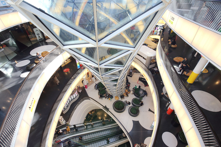 FRANKFURT AM MAIN, GERMANY - OCTOBER 23, 2015: Interior Designed of MyZeil Shopping Center on October 23,2015. MyZeil opened on 2009.のeditorial素材