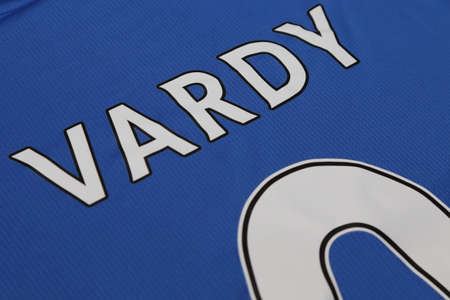 BANGKOK, THAILAND -FEBRUARY 9, 2016: background of the name and number of Jamie Vardy on Leicester City jersey on February 9, 2016 in Bangkok Thailand.のeditorial素材
