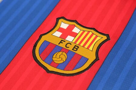 BANGKOK, THAILAND - JULY 07, 2016: The Logo of Barcelona Football Club on the Jersey on July 07,2016 in Bangkok Thailand.のeditorial素材