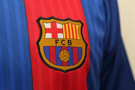 BANGKOK, THAILAND - JULY 07, 2016: The Logo of Barcelona Football Club on the Jersey on July 07,2016 in Bangkok Thailand.のeditorial素材
