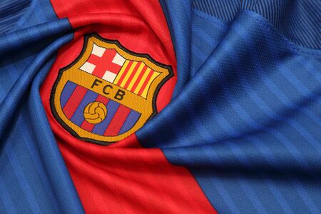 BANGKOK, THAILAND - JULY 07, 2016: The Logo of Barcelona Football Club on the Jersey on July 07,2016 in Bangkok Thailand.のeditorial素材