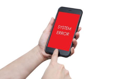 concept of system error on smartphone screen in people handの写真素材