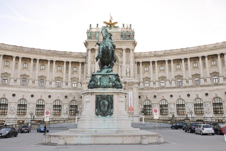 VIENNA, AUSTRIA - OCTOBER 31 2016: Equestrian statue of Prince Eugene of Savoy (Prinz Eugen von Savoyen) in front of Hofburg palace on October 31,2016のeditorial素材