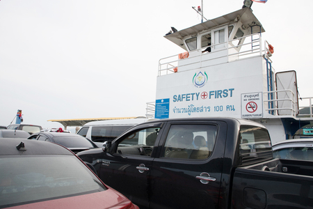 SONGKHLA, THAILAND - MARCH 16, 2017: Ferry with cars and motorcycles sailing across Hatyai and Songkhla on March 16, 2017のeditorial素材