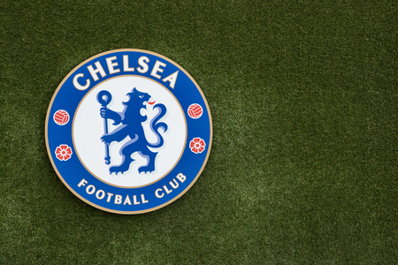 LONDON, ENGLAND - MAY 1:Chelsea Logo in front of Stamford Bridge, the home ground of Chelsea Football Club on May 1,2017のeditorial素材