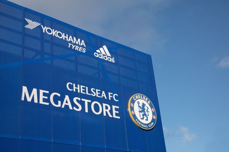 LONDON, ENGLAND - MAY 1:Chelsea Megastore Sign in front of Stamford Bridge, the home ground of Chelsea Football Club on May 1,2017のeditorial素材