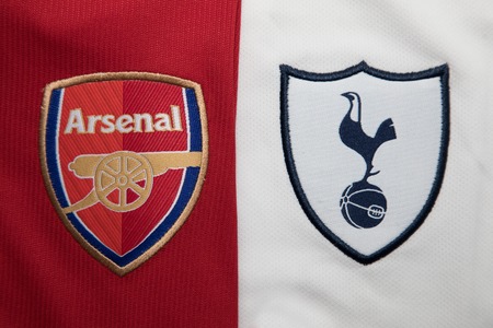 BANGKOK, THAILAND - AUGUST 23: the logo of Arsenal and  Tottenham Hotspur on Football Jersey on August 22,2017のeditorial素材