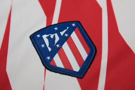 BANGKOK, THAILAND - AUGUST 23: the logo of the new Atletico Madrid logo on Football Jersey on August...