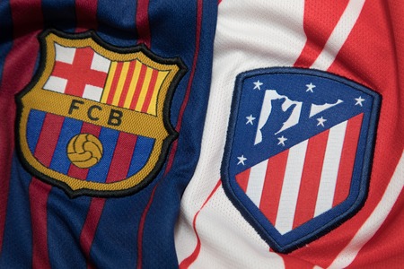 BANGKOK, THAILAND - AUGUST 23: the logo of Barcelona and Atletico Madrid on  Football Jersey on August 23,2017のeditorial素材
