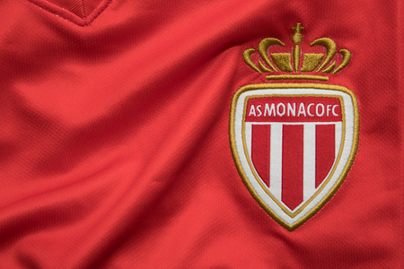 BANGKOK, THAILAND -SEPTEMBER 18: The Logo of  AS Monaco on Football Jerseys on September 18 ,2017  in Bangkok Thailand.のeditorial素材