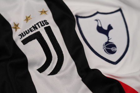 BANGKOK THAILAND - DECEMBER 11: the logo of Juventus and Tottenham Hotspur on  Football Jersey on December 11,2017のeditorial素材