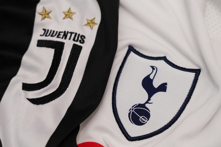 BANGKOK THAILAND - DECEMBER 11: the logo of Juventus and Tottenham Hotspur on  Football Jersey on December 11,2017のeditorial素材