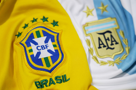 BANGKOK THAILAND - DECEMBER 14: the logo of Brazil and Argentina on  Football Jersey on December 14,2017のeditorial素材