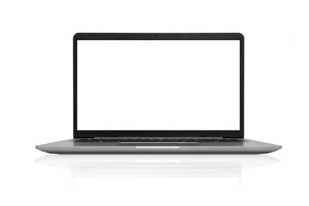 isolated front view of laptop computer with empty blank  screen space on white backgroundの写真素材