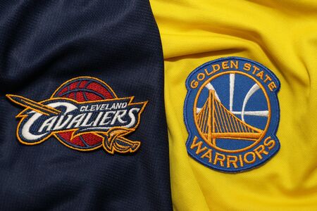 BANGKOK, THAILAND - MAY 29 : View of Golden State Warriors and  Cleveland Cavaliers Logo on the...