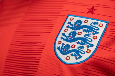 BANGKOK THAILAND - JUNE 4, 2019 : the logo of  England National Football Team on Football Jersey on...