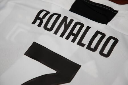 BANGKOK, THAILAND - JULY 7, 2018 : The  Name of Cristiano Ronaldo on Juventus Jersey