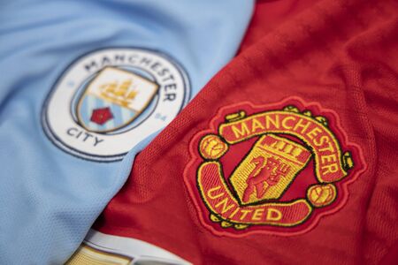 BANGKOK, THAILAND - NOVEMBER 4, 2018 : The Logo of  Manchester City and  Manchester United on the ...