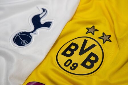 BANGKOK, THAILAND-DECEMBER 18, 2018 : The Logo of Tottenham Hotspur and Borussia Dortmund on Football Jerseys on December 18, 2018. Both of them will face each other in UCL Knock Outのeditorial素材