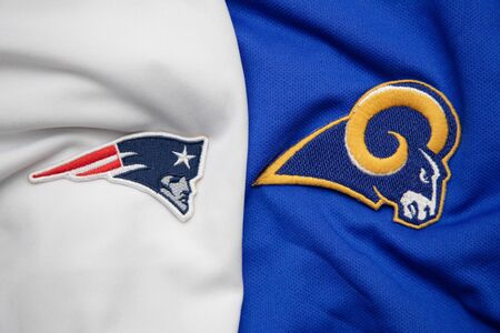 BANGKOK, THAILAND - JANUARY 30 : Logo of NFL Teams New England Patriots and Los Angeles Rams on the Clothes for the LIII Super Bowl 2019 on JANUARY 30, 2019のeditorial素材