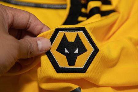 BANGKOK, THAILAND - April 26, 2019 : The Logo of  Wolverhampton Wanderers on the Jerseys on April...