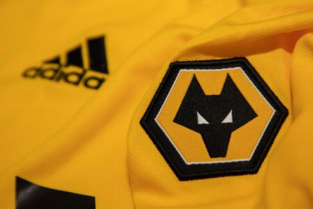 BANGKOK, THAILAND - April 26, 2019 : The Logo of  Wolverhampton Wanderers on the Jerseys on April...