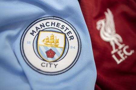 BANGKOK, THAILAND - MAY 11, 2019 : Selective Focus on The Logo of Manchester City and Blurred ...