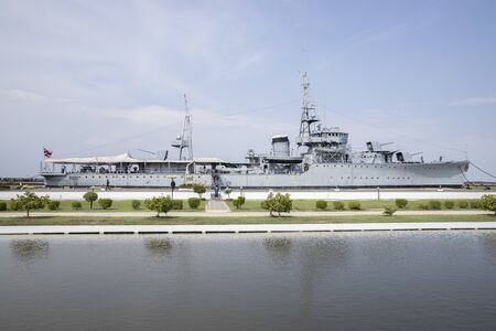 SAMUT PRAKAN, THAILAND - SEPTEMBER 14, 2019 : View of  Mae Klong Royal Battleship at Chulachomklao...