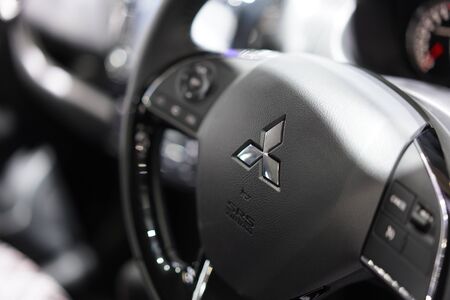 BANGKOK, THAILAND-DECEMBER 1: View of  Mitsubishi Logo on  Car Steering  Wheel on December 1, 2019