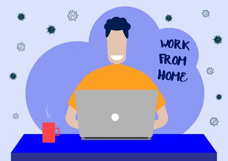 Front View of Young Man Using Laptop Working From Home to Protect Himself From Corona Virus or Covid-19のイラスト素材