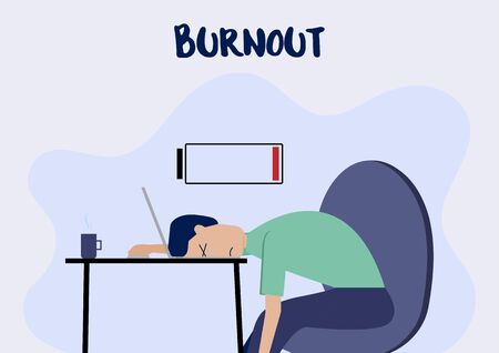 Illustration Cartoon of a Man Lie Down on His Laptop with Burnout Syndromeのイラスト素材