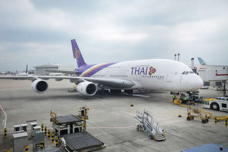 BANGKOK,THAILAND-MAY 19: View of Thai Airways Airplane at the Suvarnabhumi Airport as Thai Airways Might Declare Bankruptcy Soon on May 19,2020のeditorial素材