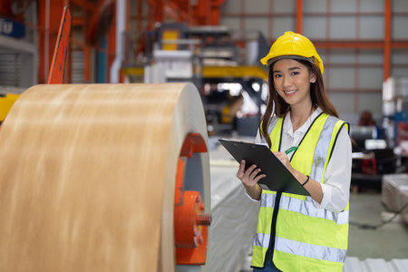 Asian Female Factory Inspector Checking the Machine While Jotted Down the Note on a Clipboard