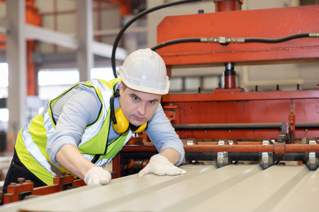 Caucasian Worker Checking on the Metal Sheet From the Machine in the Factory