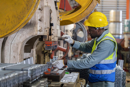 Black Industrial Worker Using Hydraulic Power Press Machine in a Factory