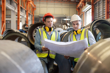 Two Caucasian Factory Workers Planning Their Work with Blueprint Paper in the Factory