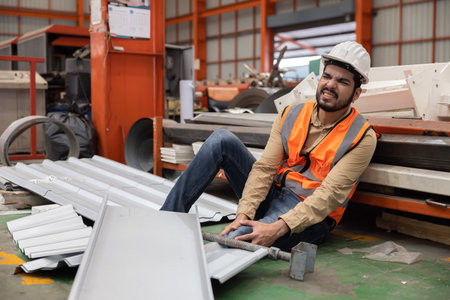 Asian Industrial Engineer Worker Getting His Knee Injured From Metal Sheetの写真素材