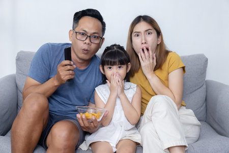 Portrait of Asian Happy Family Watch Excited Movie on Sofaの写真素材