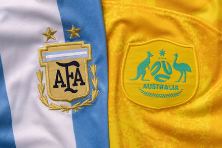 BANGKOK,THAILAND-DECAMBER 2:View of the Logo of Argentina Against Australia National Football Team Crest on December 2,2022のeditorial素材