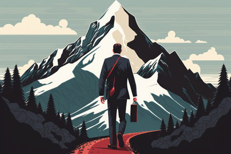 Businessman in Suit Walk Through the Career Path Road to the Mountain Created with Generative AI Technologyの素材