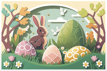 Easter Eggs Rabbit with Eggs Created with Generative AI Technologyの素材