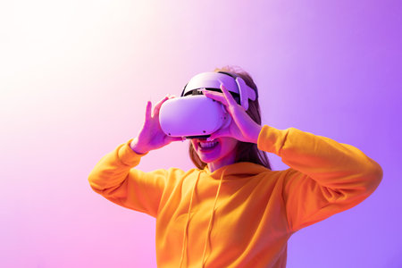 Caucasian Woman Enjoy Using VR Headset Technologyの写真素材