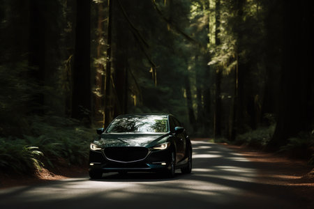 Car Drive Through the Road in the Forest Created with Generative AI Technologyの素材