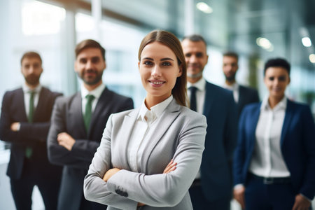 Confident businesspeople standing while looking at camera with the team in an officeの素材