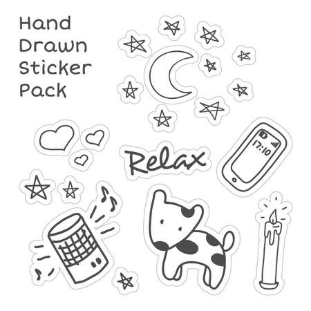 Hand drawn sticker pack Relax on white backgroundのイラスト素材