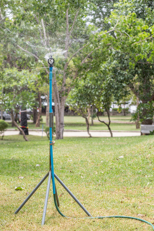 Sprinkler irrigation, lawn sprinkling water was so refreshing の写真素材