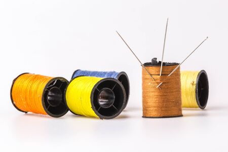 Three needle embroidery sewing thread rollsの写真素材